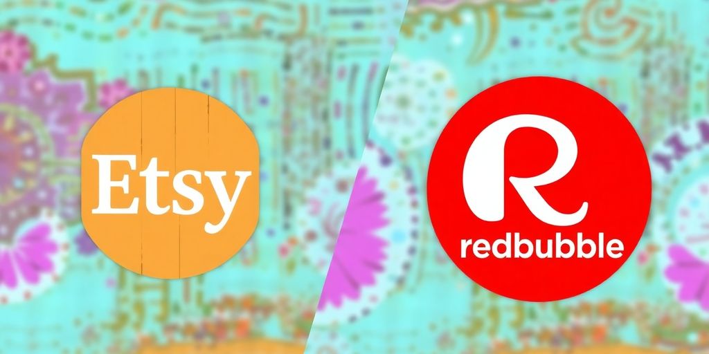 Etsy and Redbubble logos on a colorful background.
