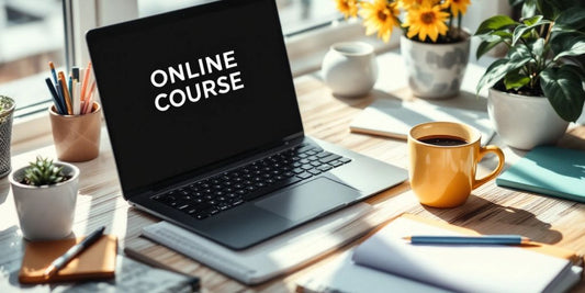 Bright workspace with laptop saying Online Course Passive Income, and notebooks for online courses.