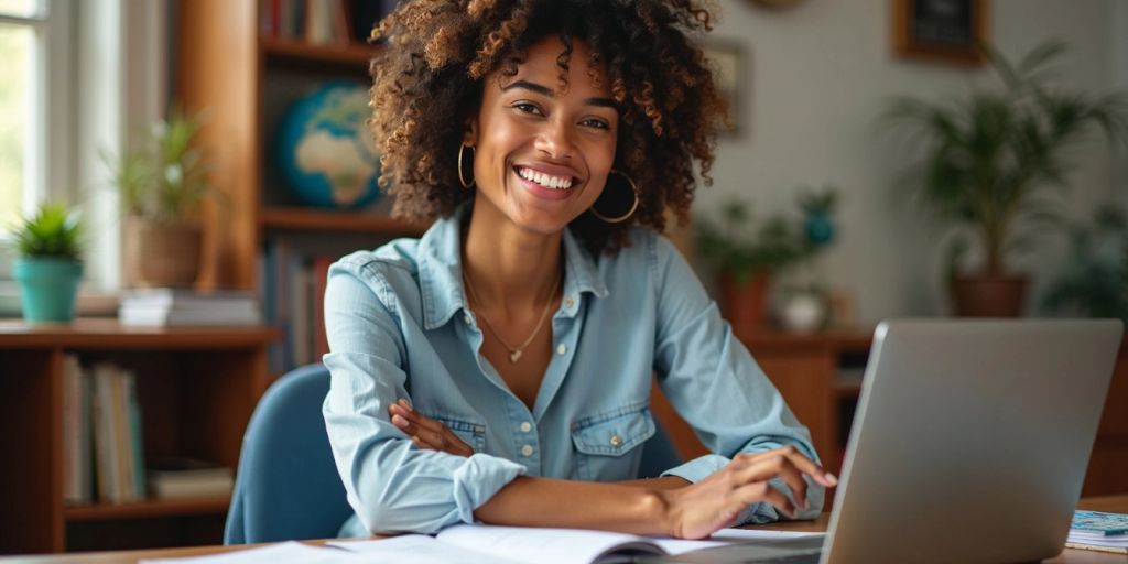 Teacher at desk with laptop and books. Side Jobs for Teachers on screen.