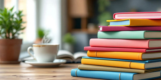 Selling Journals on Amazon KDP - Colorful journals on a wooden table with coffee.