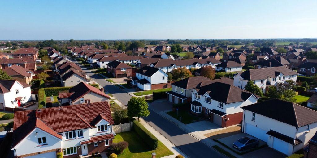 Real estate passive income strategies depicted by an aerial view of residential properties with gardens and rooftops.