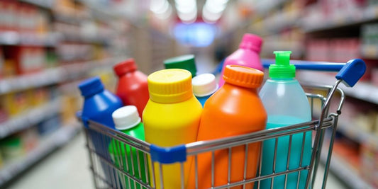 Shopping cart filled with colorful products in a store, highlighting the best abandoned cart recovery software
