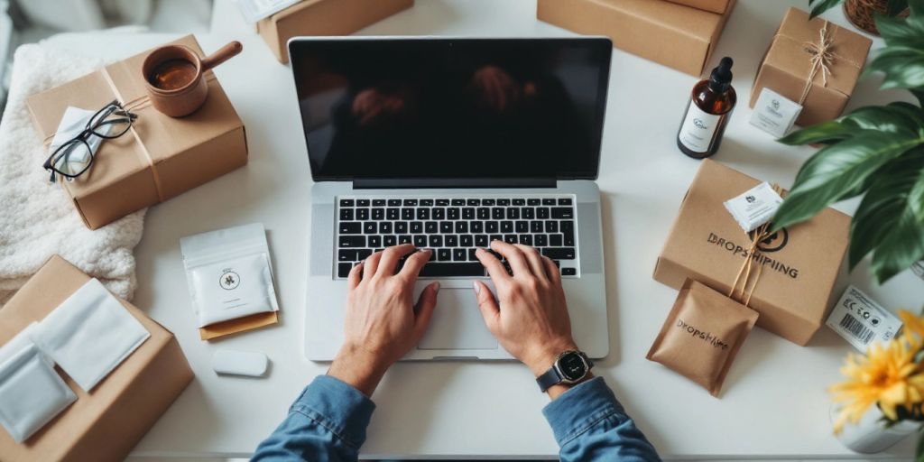 Does Dropshipping Really Work. Person working on laptop with product samples around.