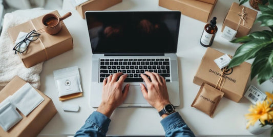 Does Dropshipping Really Work. Person working on laptop with product samples around.