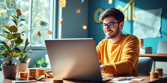 Person on laptop with financial symbols in bright workspace.