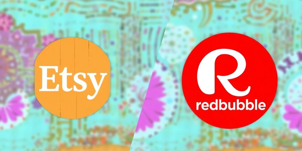 Etsy and Redbubble logos on a colorful background.