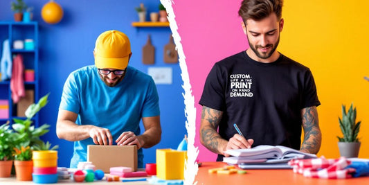 Dropshipping vs Print on Demand. Person packing products and another designing custom apparel