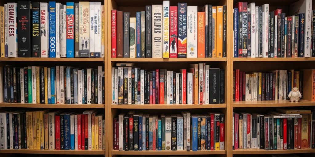 Organized bookshelf with colorful book covers and titles.