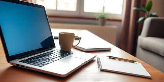 Cozy home office with laptop and coffee cup.