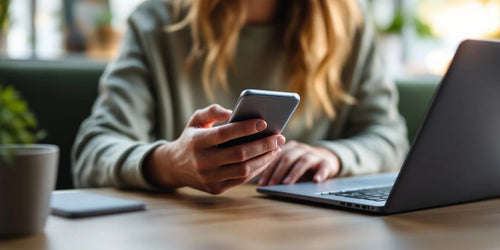Side Hustles from Phone. Person using smartphone in a café for side hustles.