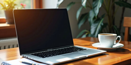 Laptop, coffee, notepad, and pen on a desk.