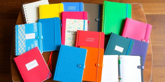 Colorful journals arranged on a wooden table.