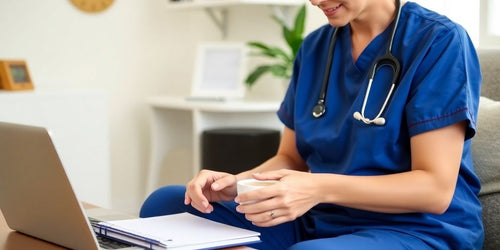 Nurse in scrubs working on a laptop at home.