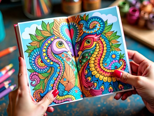 Person holding a colorful coloring book with art supplies.