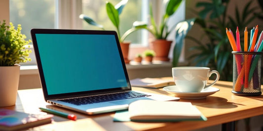 Bright workspace with laptop showing Virtual Side Hustles and coffee for side hustles.