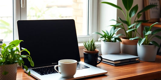 Cozy home workspace with laptop and coffee cup.