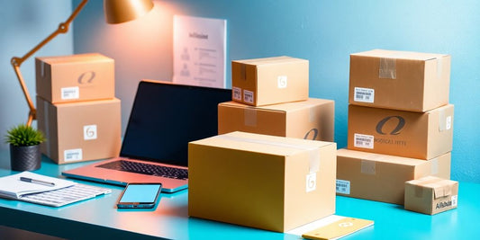 Workspace with laptop and shipping boxes for dropshipping from Alibaba.