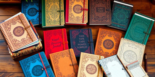 Colorful journals arranged on a wooden table.