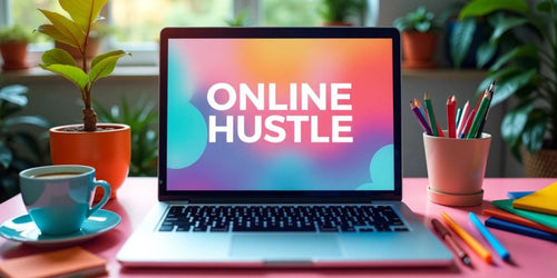 Online Hustles to Make Money on the screen of a laptop at a workspace with a laptop, coffee, and stationery.