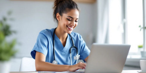 Nurse working on a laptop in a cozy workspace.