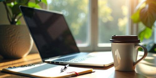 A bright workspace with a laptop and coffee.