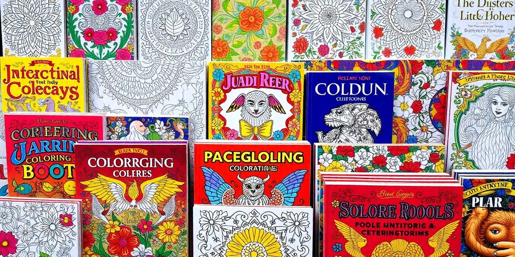 Coloring books with colorful covers and intricate designs.