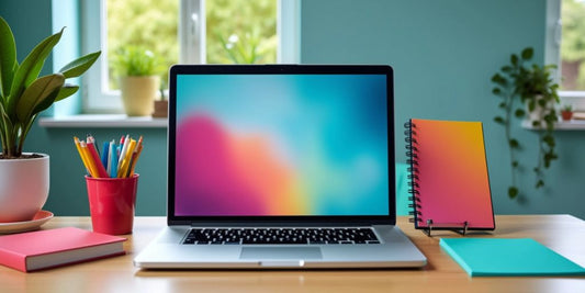 A workspace with a laptop showing top dropshipping courses and stationery on a desk.