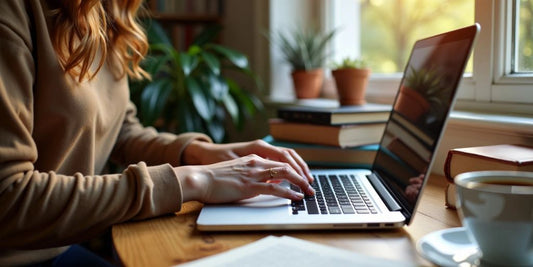 Person typing on a laptop in a home office.