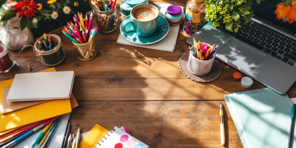 Colorful workspace with crafting materials and a laptop.