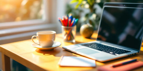 Easy Side Hustles Online - A bright workspace with a laptop and coffee.