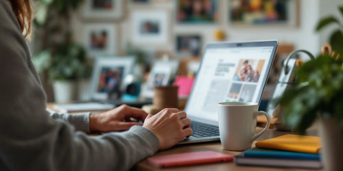 Side Hustles from Home for Moms. Mom working at home with laptop and coffee.