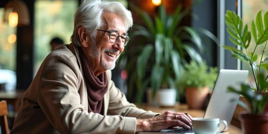 Retiree working on laptop in a cozy café.