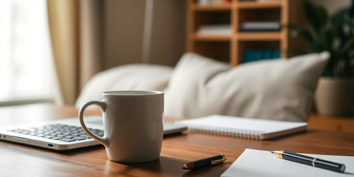 Cozy home office with laptop and coffee mug.