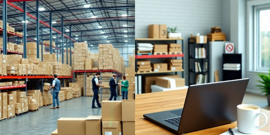 E-commerce warehouse and home office contrasting business models.