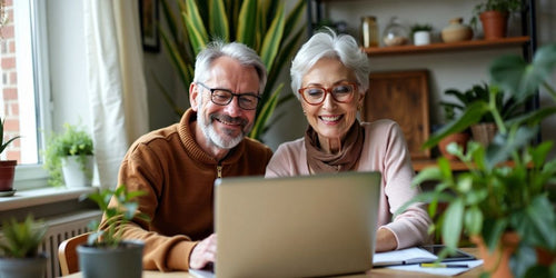 Senior couple working together on a laptop at home.