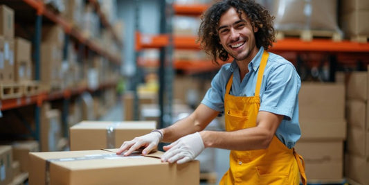 Business owner packing products in warehouse.