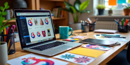 Print on demand passive income depicted by Colorful workspace with printed products and creative tools.