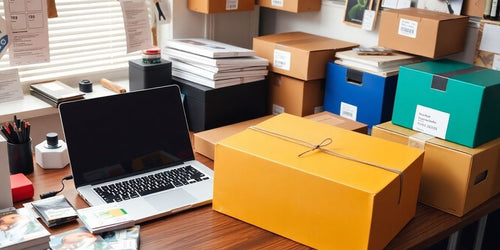 A workspace with a laptop and shipping materials.