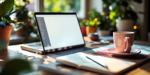 Laptop and notebook on a bright workspace.