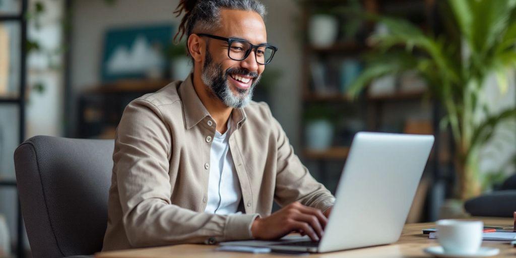 Sales professional working remotely with a laptop in office.