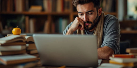 Is Amazon KDP Worth It? Author deep in thought with books and laptop.