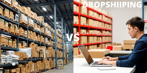 Warehouse and laptop illustrating eCommerce models.