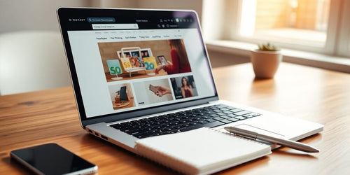 Laptop on desk with online shopping website visible.