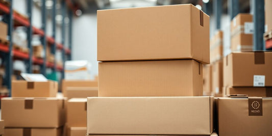 Stacked shipping boxes in a warehouse setting.