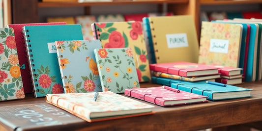 Colorful journals on a wooden table, inviting creativity.