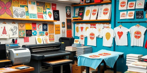 Workspace with printing machine and colorful products.