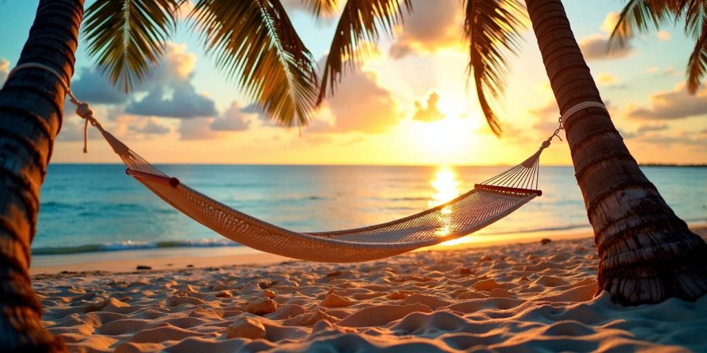 Beach sunset with hammock and palm trees