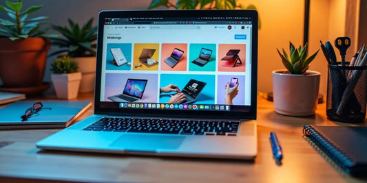 Colorful workspace with laptop and product images showing Essential Shopify Apps for Dropshipping